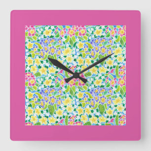 Reloj de pared cuadrado, gallos de primavera, rosa