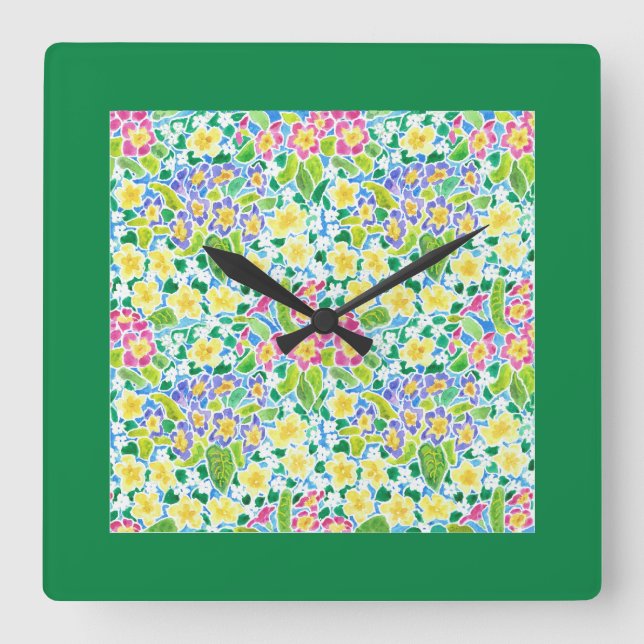 Reloj de pared cuadrado, gallos de primavera, verd (Anverso)