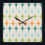 Reloj de pared cuadrado geométrico de Starbursts<br><div class="desc">Vintage. Geometrics. Starbursts. Si usted ama cualesquiera de esas palabras, este reloj de pared geométrico de Starbursts del vintage retro está para usted. Características del este diseño moderno de los mediados de siglo un fondo poner crema con filas de la turquesa, de la verde lima, del naranja, y de starbursts...</div>