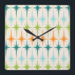 Reloj de pared cuadrado geométrico de Starbursts<br><div class="desc">Vintage. Geometrics. Starbursts. Si usted ama cualesquiera de esas palabras, este reloj de pared geométrico de Starbursts del vintage retro está para usted. Características del este diseño moderno de los mediados de siglo un fondo poner crema con filas de la turquesa, de la verde lima, del naranja, y de starbursts...</div>
