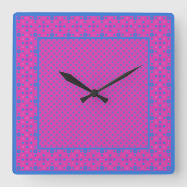 Reloj de pared cuadrado, magenta: puntos azules br (Anverso)