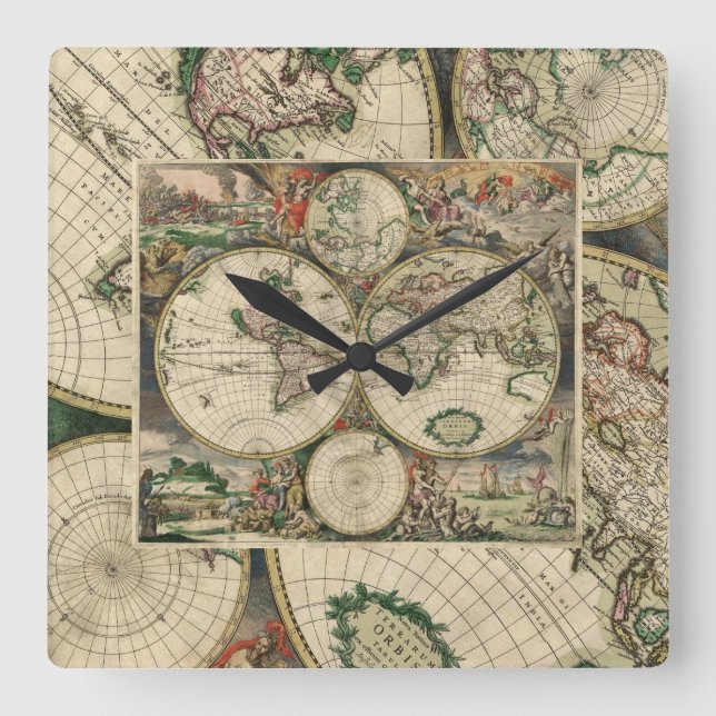 Reloj de pared cuadrado/Mapa mundial (Anverso)