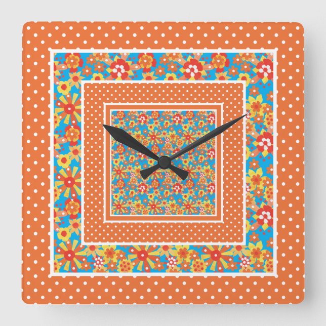 Reloj de pared cuadrado, Naranja floral y puntos d (Anverso)