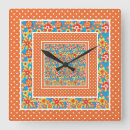 Reloj de pared cuadrado, Naranja floral y puntos d
