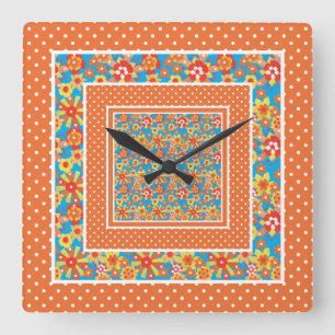 Reloj de pared cuadrado, Naranja floral y puntos d
