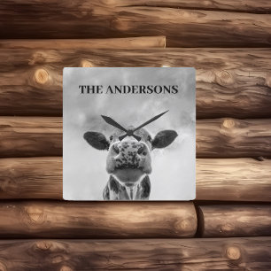 Reloj de Pared Cuadrado Nubes Vaca Espiando Negro 