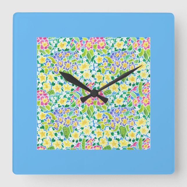 Reloj de pared cuadrado Primroses, borde turquesa (Anverso)