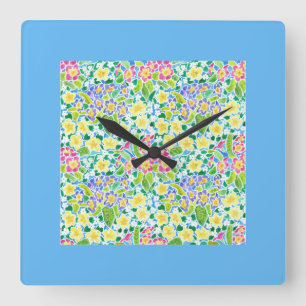 Reloj de pared cuadrado Primroses, borde turquesa