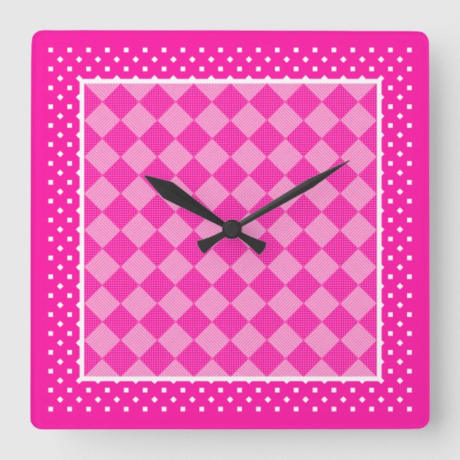 Reloj de pared cuadrado, rosa dulce, puntos de pol (Anverso)