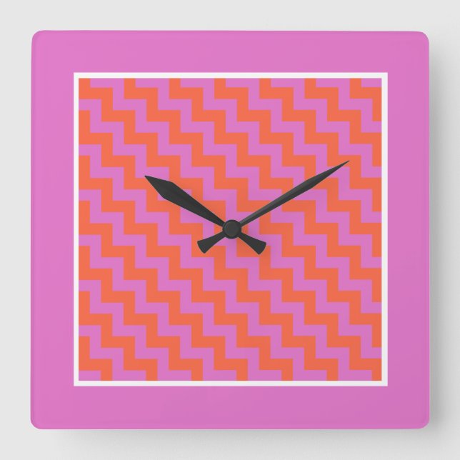 Reloj de pared cuadrado, rosa, magenta, cheurones  (Anverso)