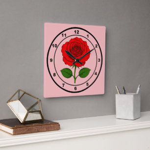 Reloj de pared cuadrado Rosa Roja
