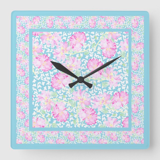 Reloj de pared cuadrado, rosas rosadas, mariposas  (Anverso)