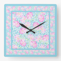 Reloj de pared cuadrado, rosas rosadas, mariposas 