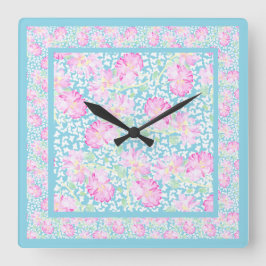 Reloj de pared cuadrado, rosas rosadas, mariposas 