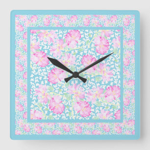 Reloj de pared cuadrado, rosas rosadas, mariposas 