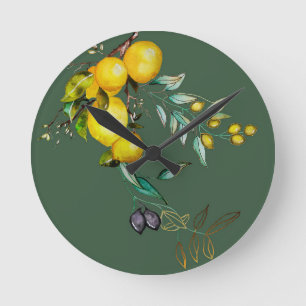Reloj de pared de acuarela de limón y oliva
