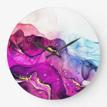 Reloj de pared de acuarela dorada rosa púrpura mod
