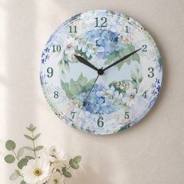 Reloj de pared de acuarela floral y hortensia azul