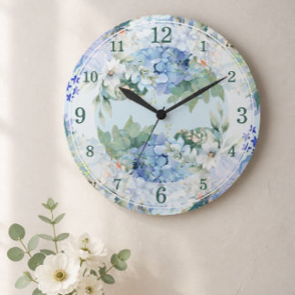 Reloj de pared de acuarela floral y hortensia azul