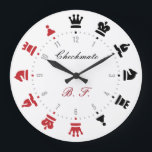 Reloj de pared de ajedrez rojo y negro<br><div class="desc">Un elegante y sencillo reloj de pared inspirado en el ajedrez con piezas de ajedrez gráficas rojas y negras con indicadores de hora y minuto sobre un fondo blanco limpio. El texto del personalizable hace de esta pieza una gran idea de regalo personalizada para el entusiasta del ajedrez.</div>