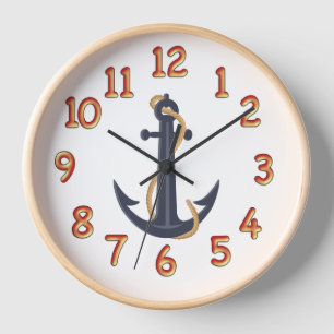Reloj de pared de ancla azul náutico con marco de