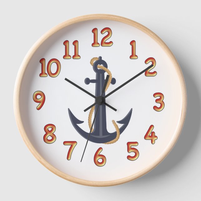 Reloj de pared de ancla azul náutico con marco de  (Anverso)