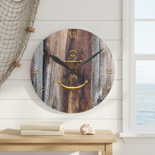 Reloj de Pared de Ancla Náutica de Madera Rústica