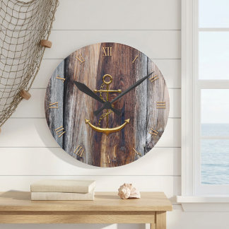 Reloj de Pared de Ancla Náutica de Madera Rústica 