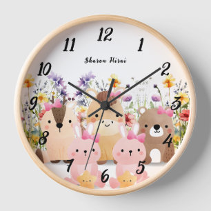 Reloj de pared de animales bebés lindos y flores s