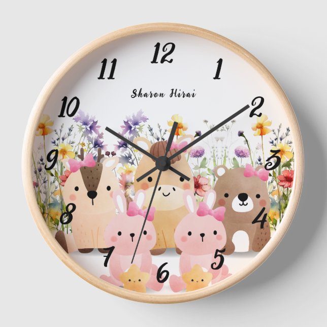 Reloj de pared de animales bebés lindos y flores s (Anverso)