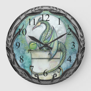 Reloj de pared de arte de fantasía del dragón verd