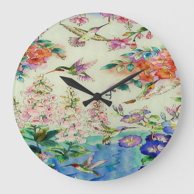 Reloj de pared de arte de Hummingbirds y florales  (Anverso)