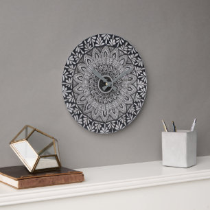 Reloj de pared de arte mandala monocromo