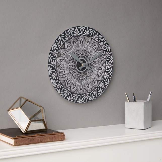 Reloj de pared de arte mandala monocromo (Oficina)