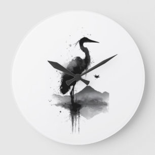 Reloj de pared de arte zen grulla Sumi-e japonés