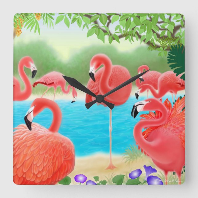 Reloj de pared de aves flamencas rosadas del Carib (Anverso)