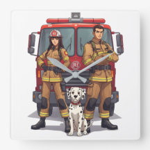 Reloj de pared de bomberos heroicos y dálmata