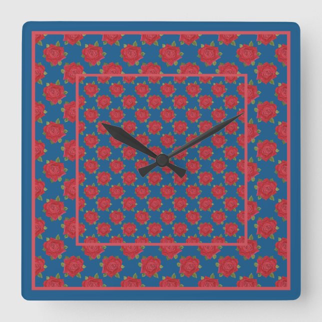 Reloj de pared de bonito: rosas rojas en azul (Anverso)