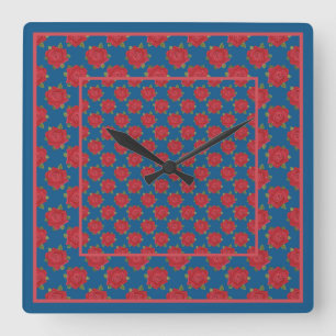 Reloj de pared de bonito: rosas rojas en azul