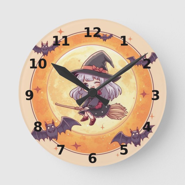 Reloj de pared de Bruja Pequeña de Halloween (Anverso)