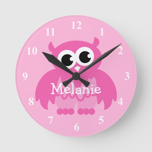 Reloj de pared de búho rosa con nombre de bebé par (Anverso)