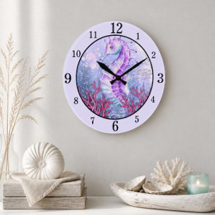 Reloj de pared de caballito de mar morado costero