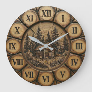 Reloj de pared de cabaña de troncos rústica | Bosq