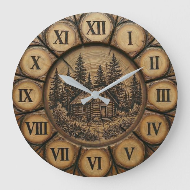 Reloj de pared de cabaña de troncos rústica | Bosq (Anverso)
