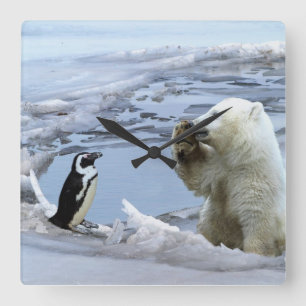 Reloj de pared de cachorro de oso polar y pingüino