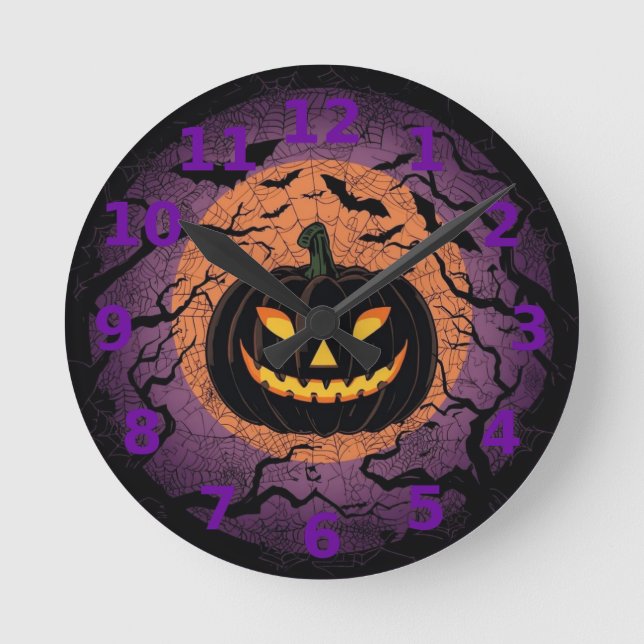 Reloj de pared de calabaza negra de Halloween (Anverso)