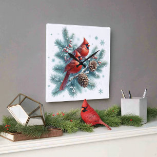 Reloj de pared de cardenal rojo y pino