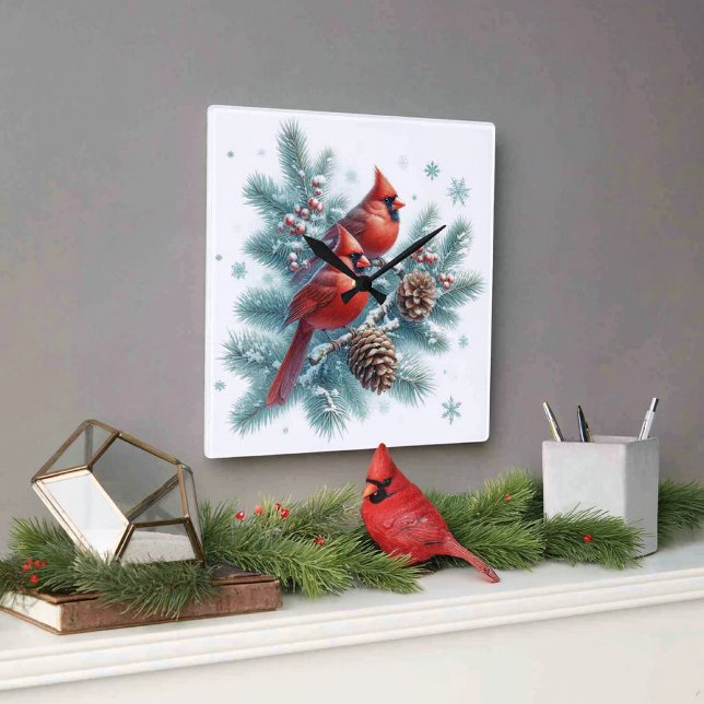 Reloj de pared de cardenal rojo y pino (Add cozy ambiance to your space with red cardinal birds wall clock. )