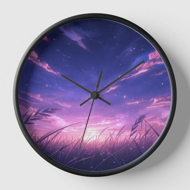 Reloj de pared de cielo atardecer púrpura (Anverso)