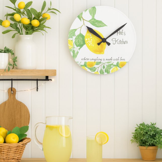 Reloj de pared de cocina personalizado con limón c (Personalize this cheerful lemon citrus wall clock with a name. It makes an excellent gift )